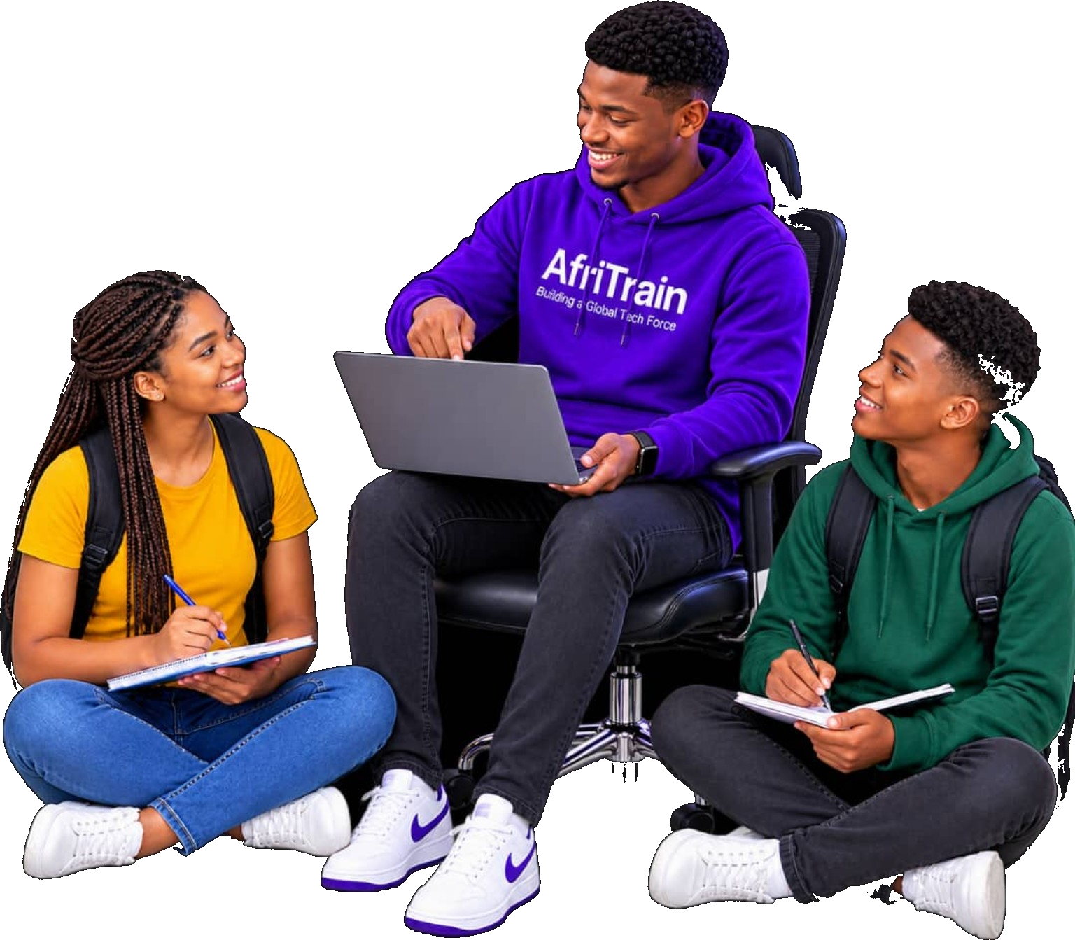 AfriTrain instructor teaching two students with a laptop during practical ICT training